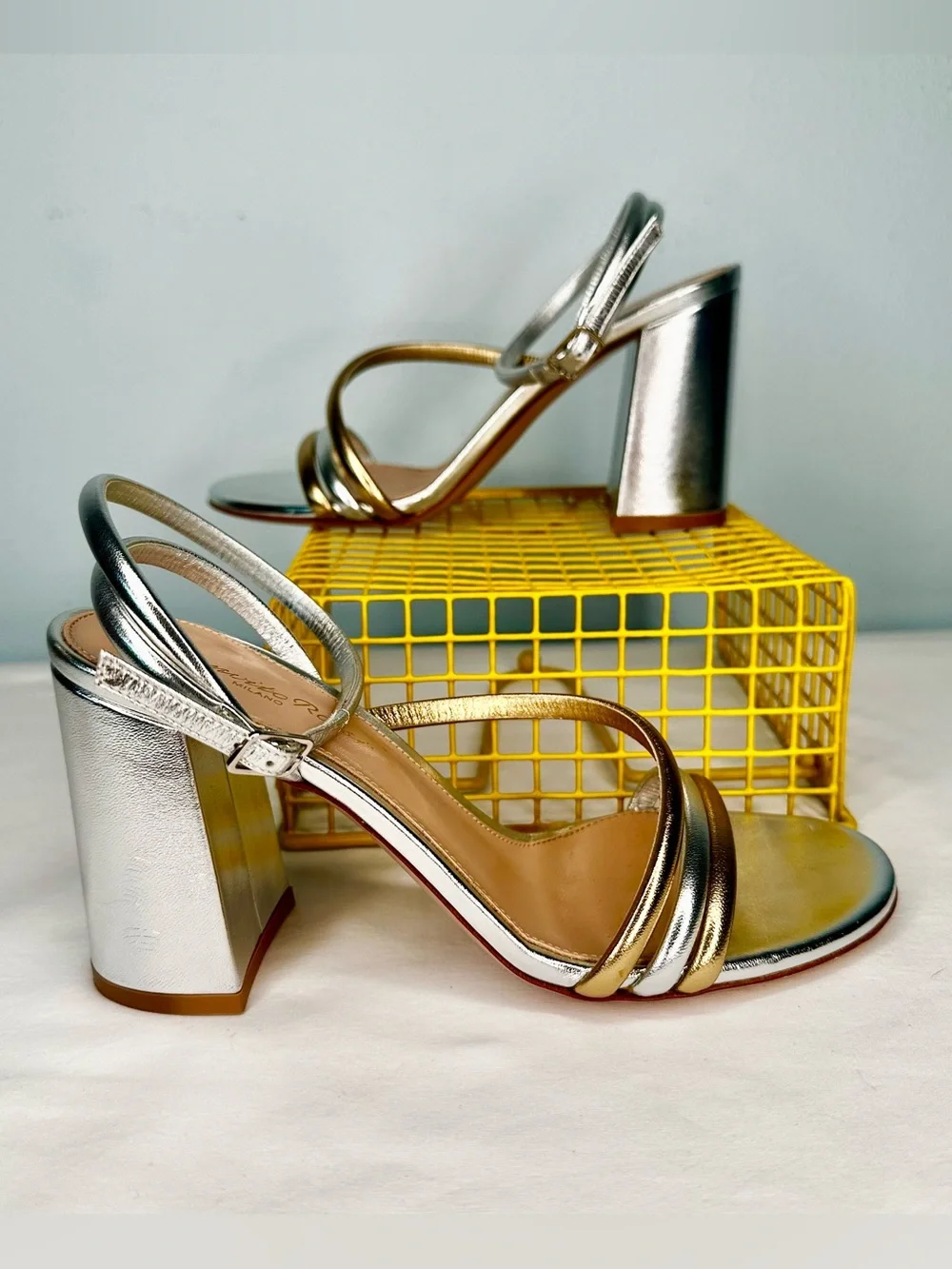 Gianvito Rossi Silver & Gold Metallic Block Heel Sandals